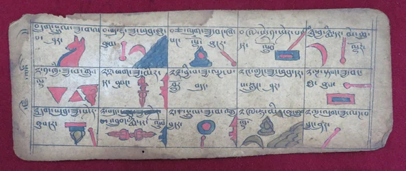 Almanaque astrológico Ersu para la mitad de un mes, con pictogramas Ersu Shaba y explicaciones en tibetano